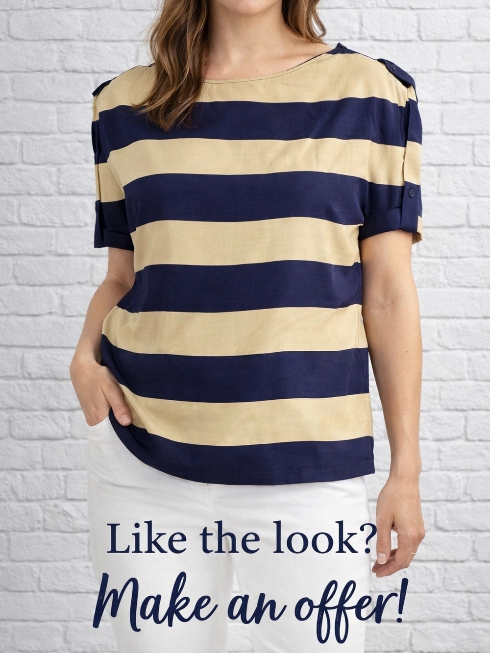 Talbots Navy & Tan Striped Blouse Size 10 Nautical Short Sleeve Top Classic Chic